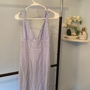 Baby blue side slit midi dress with floral lace detail